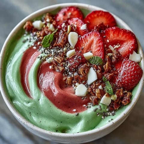 Creamy strawberry matcha frappuccino smoothie bowl with vibrant green swirls and fresh berry toppings.  