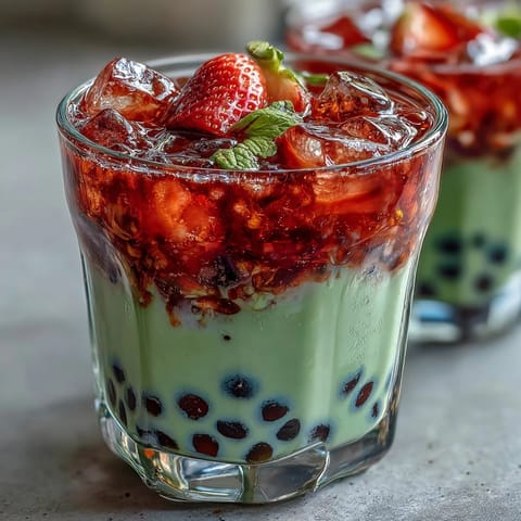 A vibrant strawberry matcha boba-inspired drink with fresh strawberries, creamy milk, and chewy tapioca pearls served over ice.