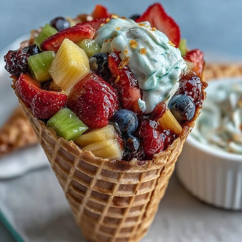 Colorful fruit-filled waffle cones served with tangy yogurt dip, perfect for summer parties and easy snacking.