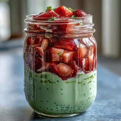 A refreshing breakfast featuring Strawberry Matcha Latte Overnight Oats, topped with juicy strawberries and a hint of vanilla.  