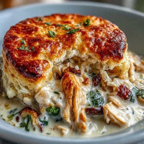 Golden, creamy chicken pot pie with flaky biscuit topping and savory vegetable filling, baked until bubbling.