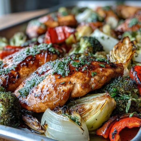 Healthy 5-Ingredient Sheet Pan Chicken and Veggies with tender chicken breasts and vibrant roasted vegetables, drizzled with olive oil and herbs.
