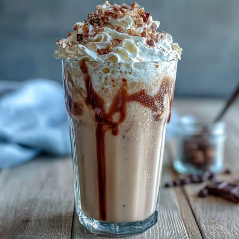 Creamy vanilla bean frappuccino protein shake blended with almond milk, Greek yogurt, and protein powder for a frosty, energizing treat.  