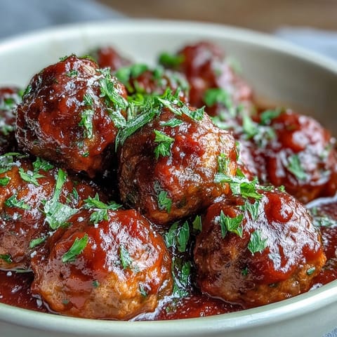 Juicy slow cooker meatballs simmered in rich tomato sauce, perfect for easy party appetizers or main dishes.  
