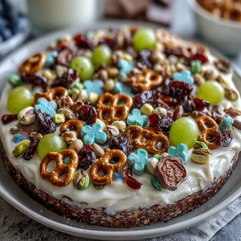 Festive St. Patricks Day Treats Board with Lucky Charms Bark, rainbow candies, and green grapes on a large platter.
