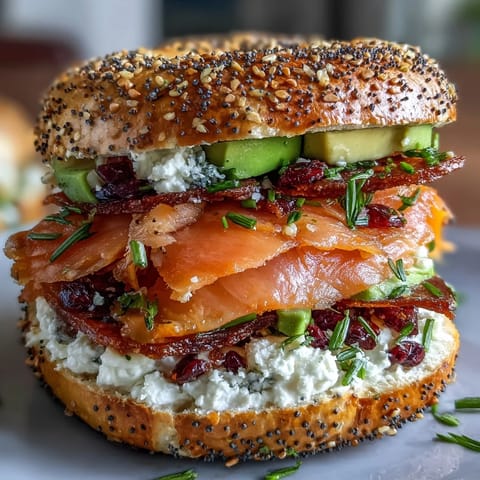 Spring Brunch Smoked Salmon Bagel Board with Cream Cheese arranged with colorful garnishes and fresh herbs on a rustic wooden board.