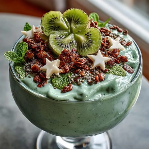 A vibrant green shamrock smoothie bowl with kiwi and granola, perfect for St. Patrick's Day breakfast or snack.