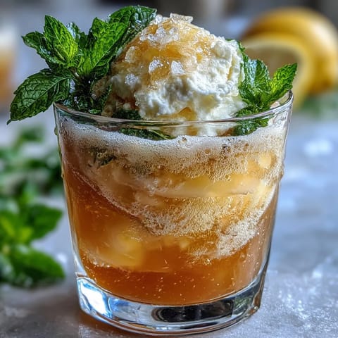 Bubbly Limoncello Sorbet Float topped with sparkling water, served in frosted glasses with lemon slices for a bright, citrusy treat.