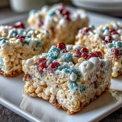 Vibrant red, white, and blue Rice Krispies treats layered for a festive 4th of July dessert.