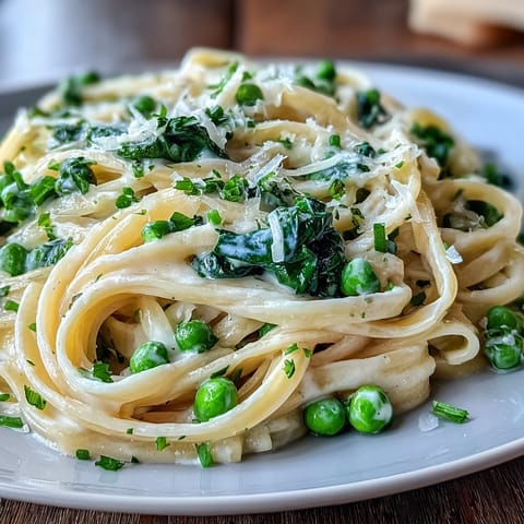 Creamy lemon pasta with peas and spinach, garnished with Parmesan and fresh chives.
