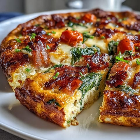 Golden ham and Swiss cheese frittata baked in a skillet, loaded with tender vegetables.  