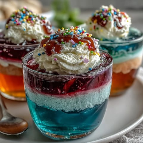 Rainbow Jello Cups for Kids: colorful layered gelatin dessert with whipped cream and sprinkles in clear cups.