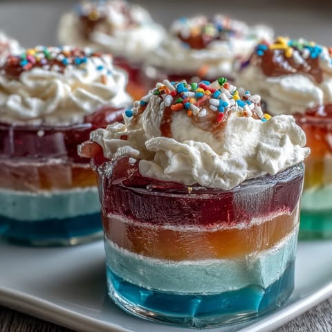 Vibrant rainbow Jello cups for kids: fruity gelatin layers in red, orange, yellow, green, blue, and purple, topped with whipped cream.