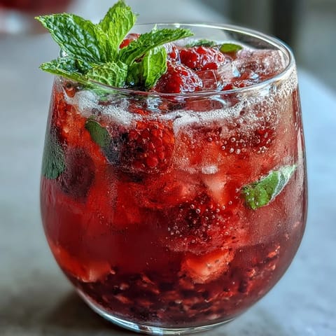 Refreshing raspberry lemon spritz mocktail garnished with mint and served over ice for summer sipping.  