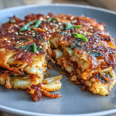 Savory Korean pancakes featuring crunchy cabbage and spicy kimchi, served with a sesame dipping sauce.  