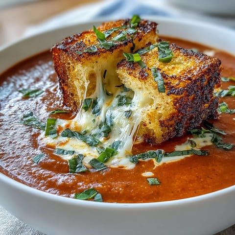 Creamy tomato soup infused with fresh basil, served hot with irresistible grilled cheese crouton cubes.  