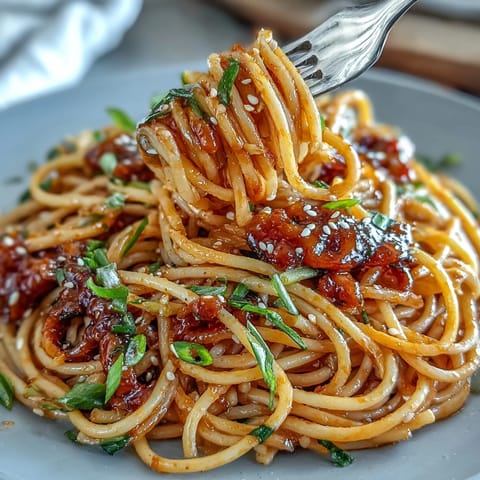 A steaming bowl of gochujang butter pasta glistens with glossy, spicy-sweet sauce, topped with sliced green onions and sesame seeds.