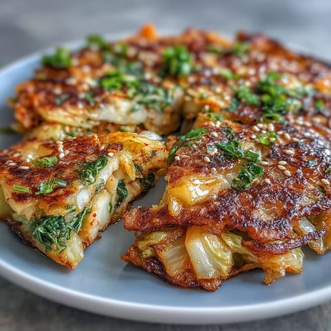 Crispy cabbage kimchi pancakes with golden edges and savory, tangy kimchi filling.  
