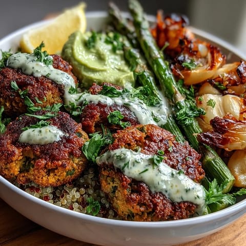 Vibrant spring buddha bowl with roasted asparagus, radishes, and crispy falafel, drizzled with zesty lemon-tahini dressing.