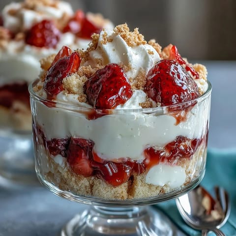 Layered strawberry shortcake trifle with vanilla cake, whipped cream, and fresh strawberries in a glass dessert cup.  