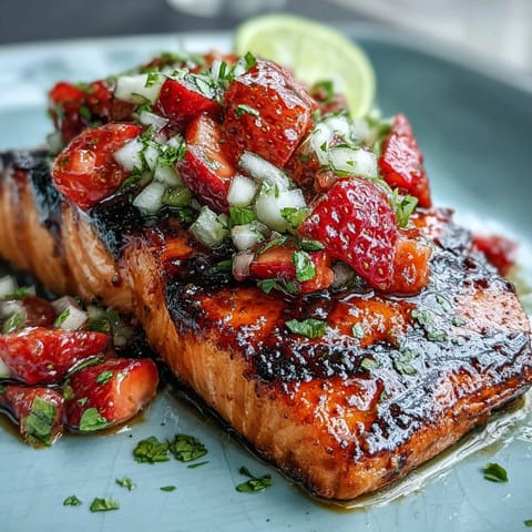 Perfectly grilled salmon topped with vibrant strawberry avocado salsa, ready for a light summer meal.