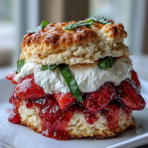 Golden Strawberry Basil Shortcake Biscuits piled high with fresh fruit and cream.