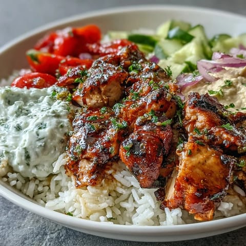 Colorful Greek Chicken Bowls piled high with fresh veggies and creamy yogurt sauce.