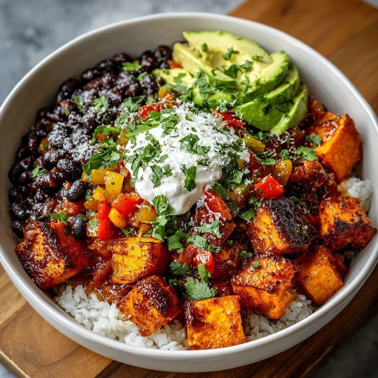 A colorful bowl of loaded sweet potato and black bean chili, topped with avocado.