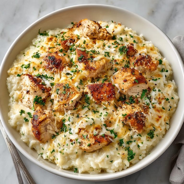 Homemade Creamy Garlic Parmesan Chicken & Rice Bake, cheesy and savory; a comfort food classic.