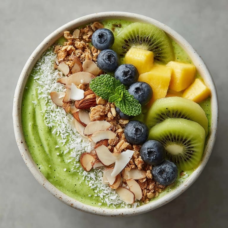 Refreshing Green Monster Smoothie Bowl, topped with juicy blueberries and sprinkled with granola.