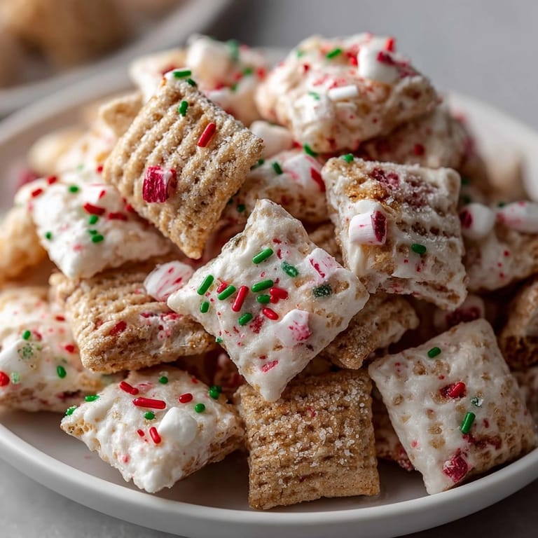 Creamy White Chocolate Peppermint Muddy Buddies are ready to serve in time for Christmas.