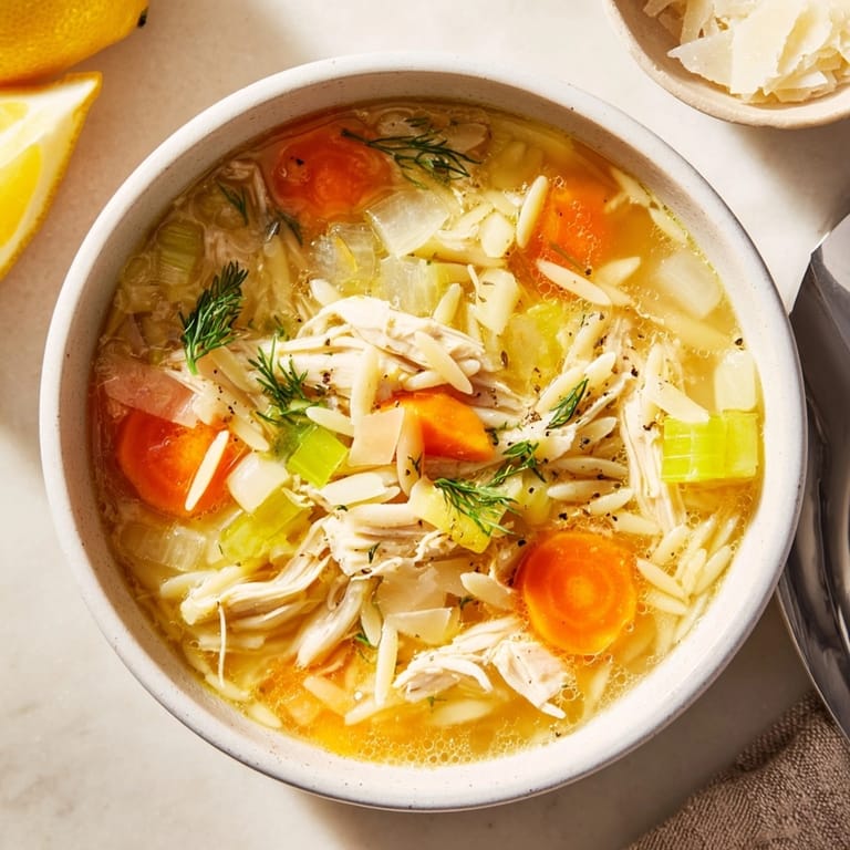 Close-up shot of Lemon Chicken Orzo Soup; visible are orzo, shredded chicken, and broth.