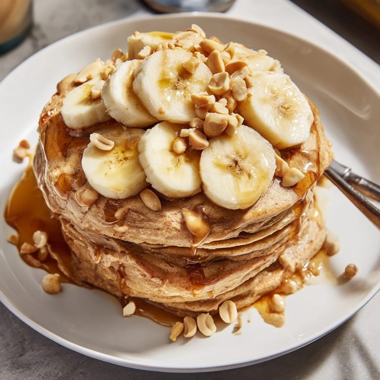 Warm, freshly cooked Peanut Butter Maple Oat Pancakes with banana slices tempting the tastebuds.