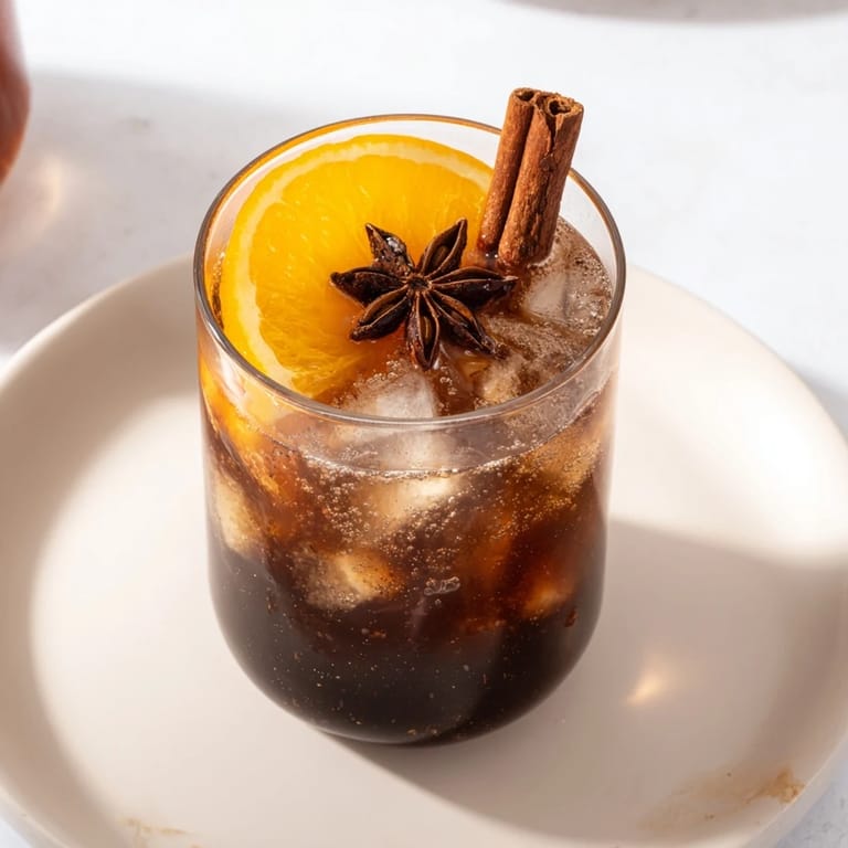 Cozy and uplifting Cinnamon-Spiced Chai Fizz, served over ice with cinnamon garnish.