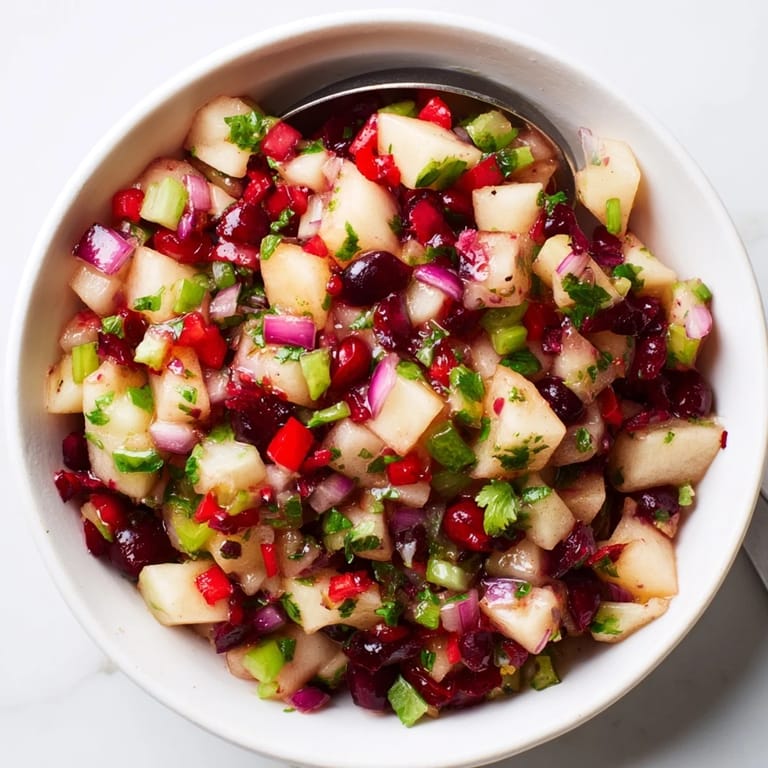 Delicious Pear and Cranberry Jalapeño Salsa served on tortilla chips, bursting with flavor.