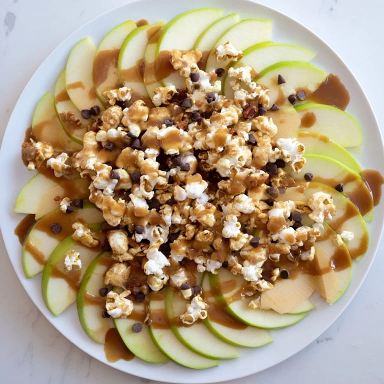 Indulgent Caramel Popcorn Apple Nachos served on a platter, perfect for gatherings.