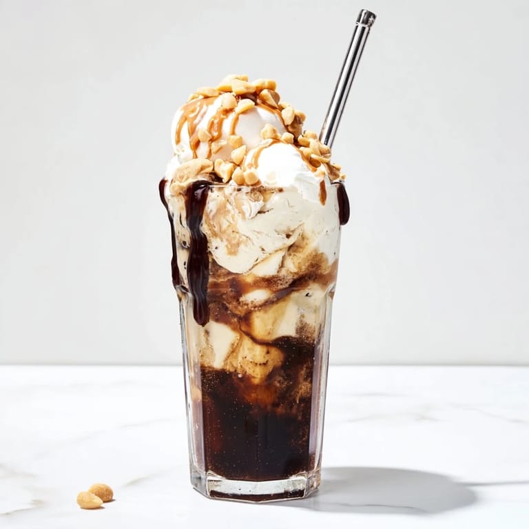 Indulgent Peanut Butter Bourbon Soda Float in a tall glass, rich and fizzy.  