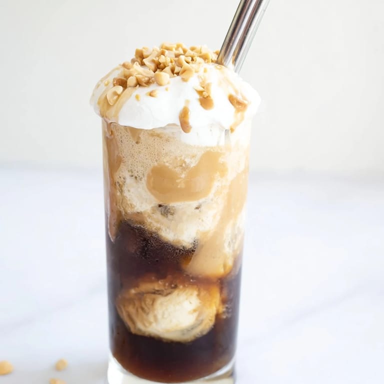 Decadent Peanut Butter Bourbon Soda Float featuring vanilla ice cream and roasted peanuts.