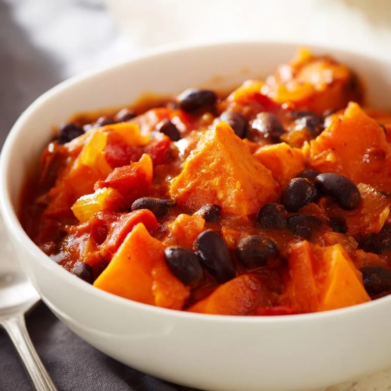 Spicy sweet potato and black bean chili garnished with fresh avocado slices.