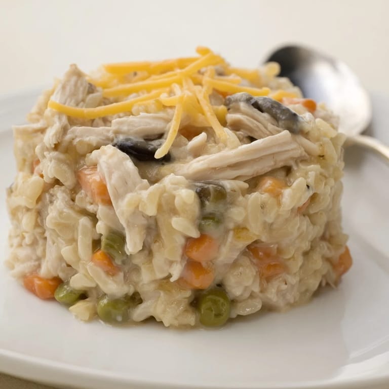 Hearty chicken and rice casserole with vibrant veggies, comforting for any meal.  