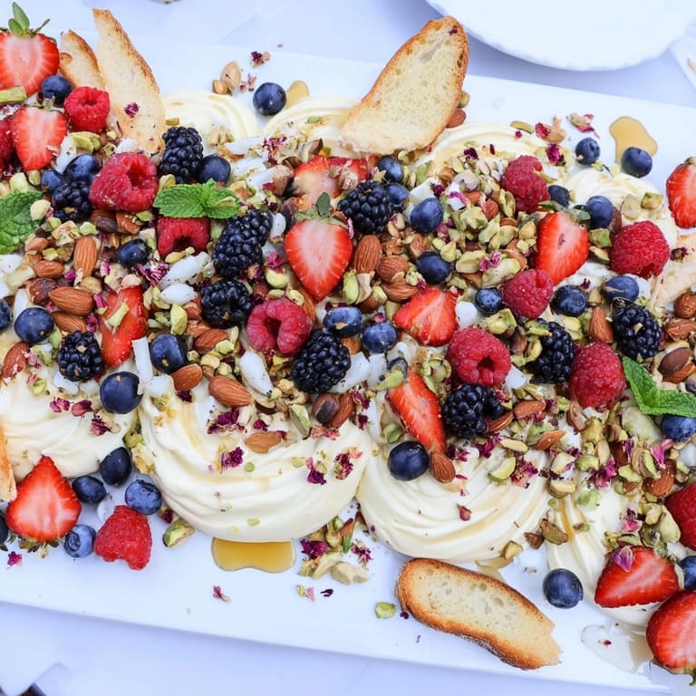 Delectable butter board dessert featuring mixed berries and drizzled honey topping.