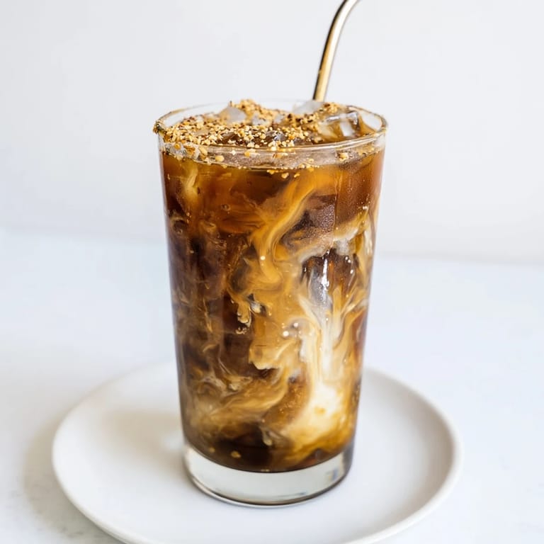 Vegan tahini iced coffee with maple syrup, ideal for morning energizing sips.