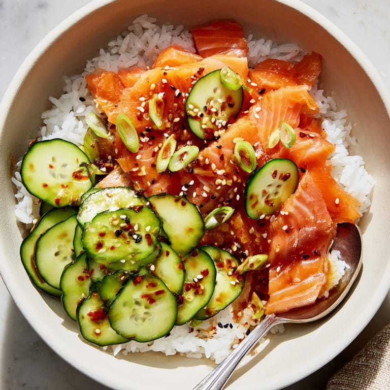 Quick and easy leftover salmon & rice bowl, drizzled with soy sauce and sesame oil.