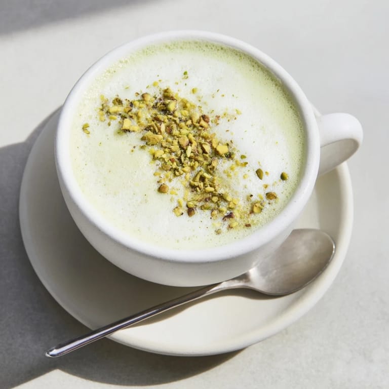 A fragrant pistachio milk latte, ideal for cozy mornings or afternoon treats.  