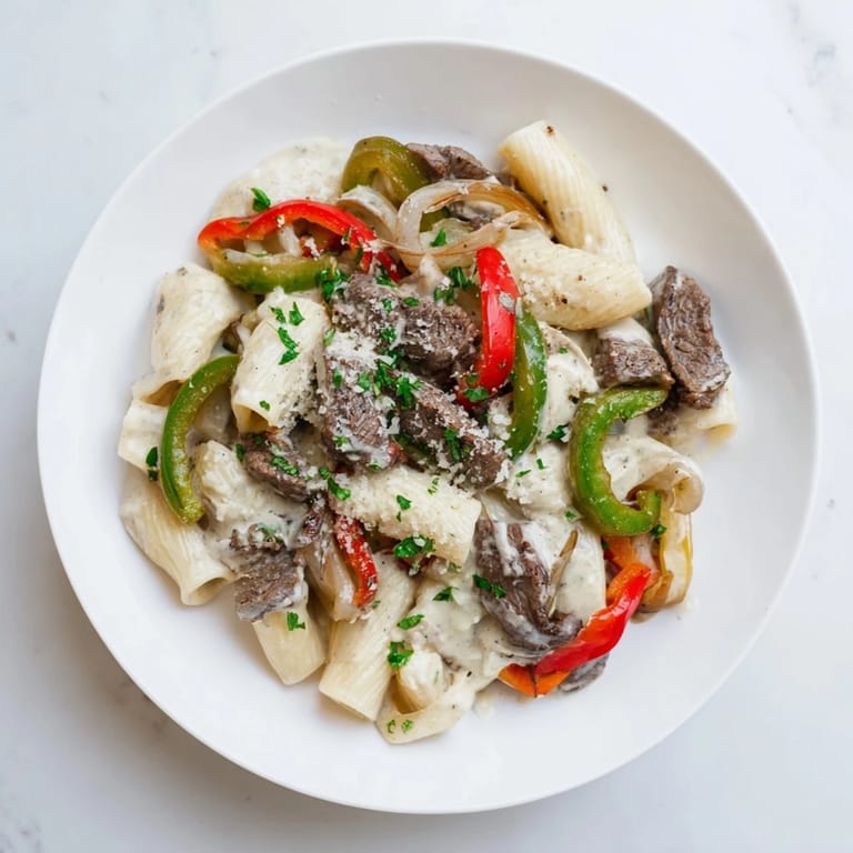 Savory Philly Cheese Steak Pasta drizzled with melted cheese and garnished with fresh parsley.