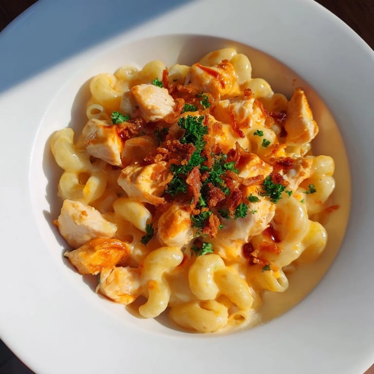 Garnish a bowl of One-Pot Honey BBQ Chicken Mac and Cheese with parsley and crispy onions for a delightful bite.