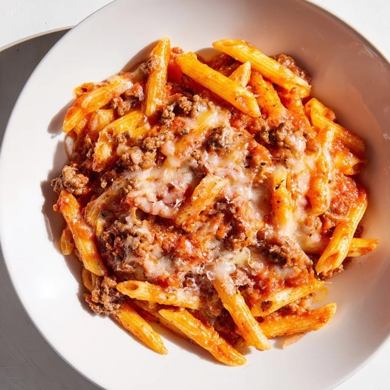A close-up of baked Cheesy Beef & Penne showing melted mozzarella and bubbling tomato sauce.