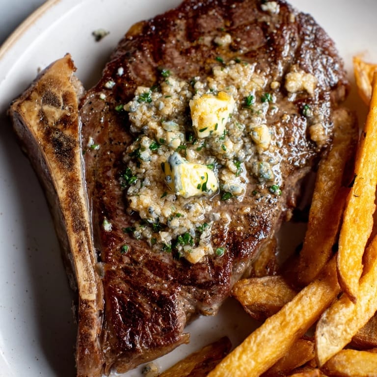 Juicy Steakhouse Garlic Butter Steak & Fries, served alongside perfectly baked fries and herb-infused butter.