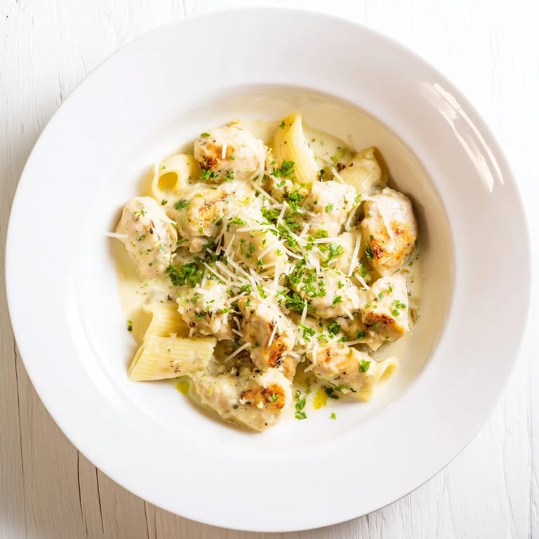 This photo shows a comforting bowl of Creamy Garlic Parmesan Chicken Rigatoni, ready to enjoy.