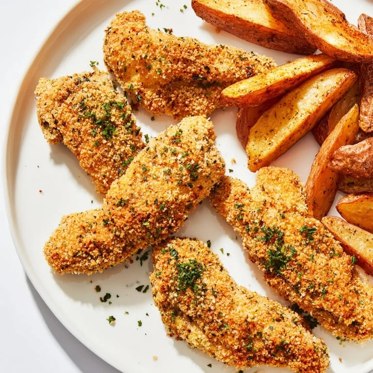 Plate of warm herbed chicken tenders and baked potato wedges, seasoned with herbs for a tasty family meal option.
